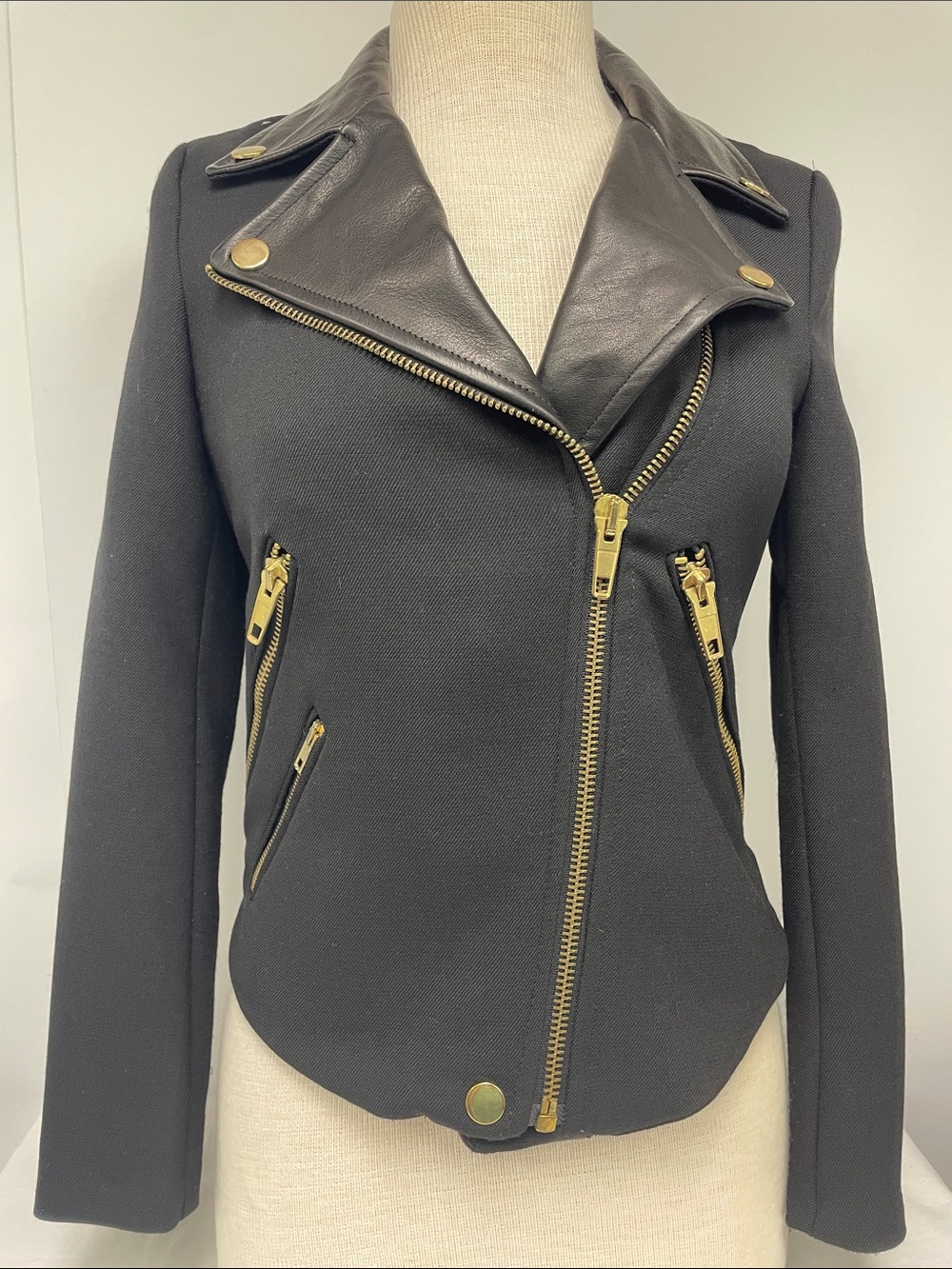 Zara Black Moto-Style Jacket with Gold Hardware, Size M